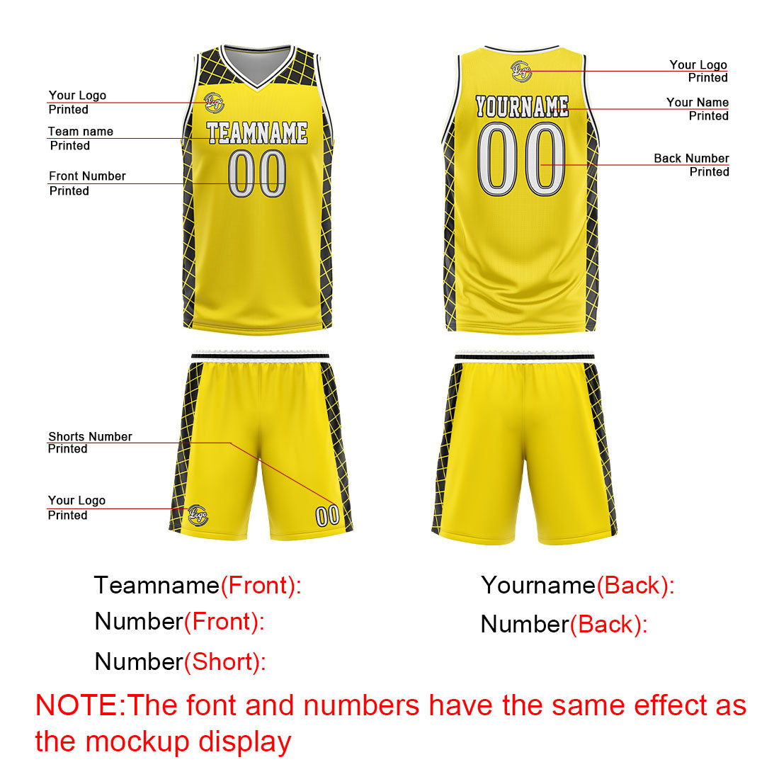 Uniforme de baloncesto personalizado amarillo y negro con tu logotipo-nombre y número impresos