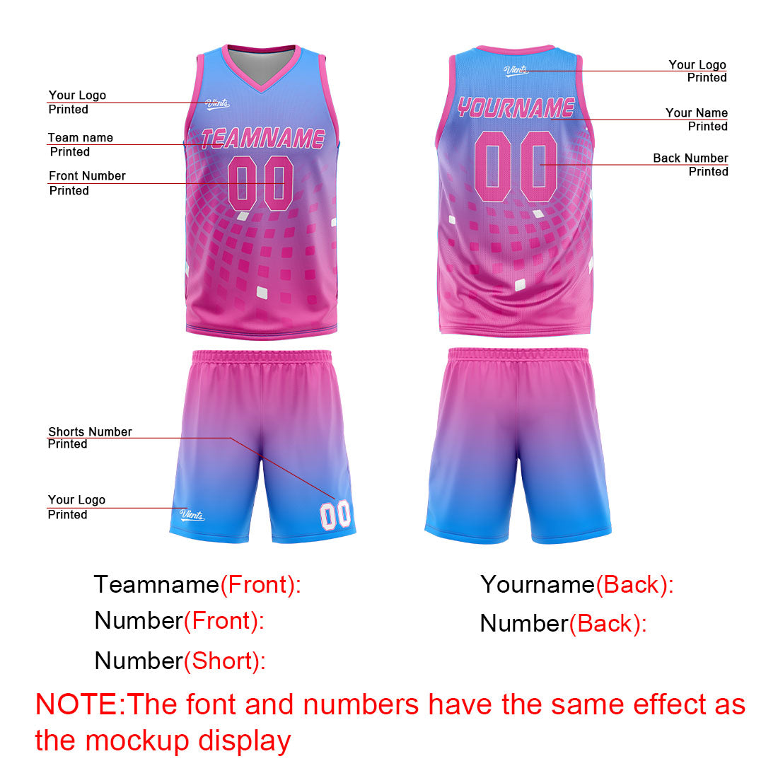 Uniforme de baloncesto personalizado azul y rosa con tu logotipo-nombre y número impresos