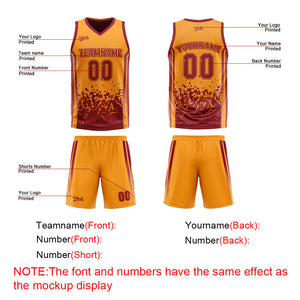 Traje de baloncesto reversible personalizado color burdeos y naranja para adultos y niños