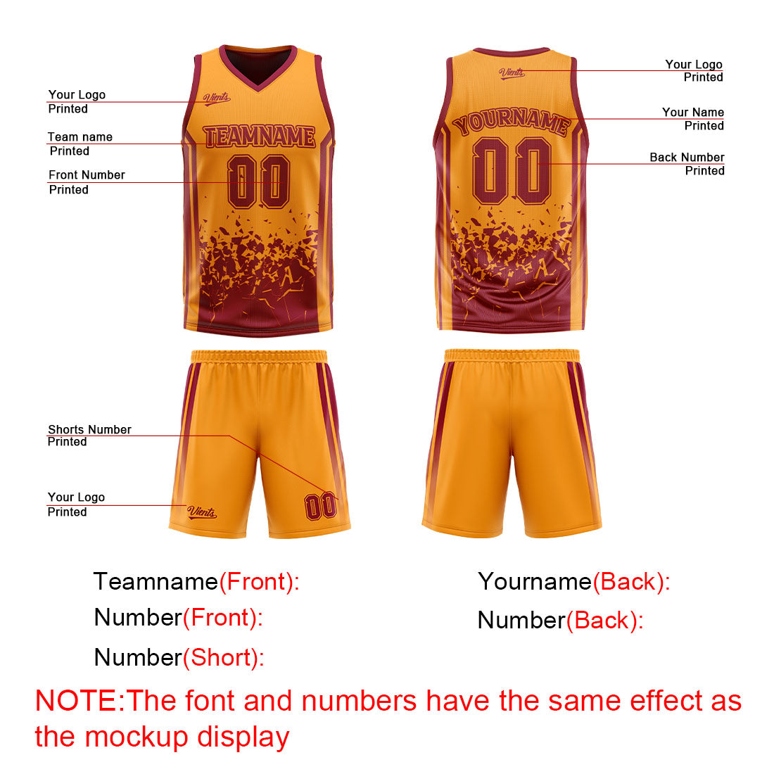 Traje de baloncesto reversible personalizado color burdeos y naranja para adultos y niños