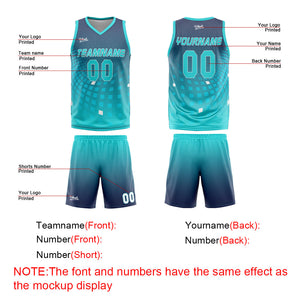 Uniforme de baloncesto personalizado azul marino y cian con su logotipo-nombre y número impresos