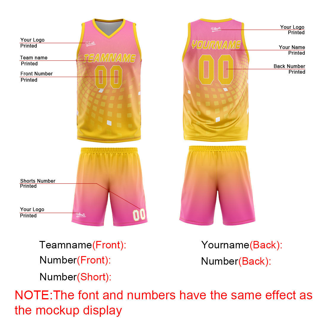 Uniforme de baloncesto rosa y amarillo personalizado con tu logotipo-nombre y número impresos