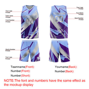 Uniforme de baloncesto personalizado en azul-morado y gris con tu logotipo-nombre y número impresos