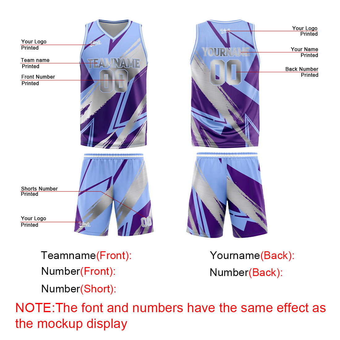 Uniforme de baloncesto personalizado en azul-morado y gris con tu logotipo-nombre y número impresos