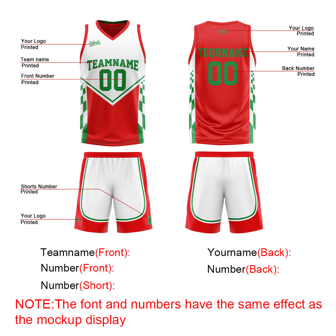 Traje de baloncesto reversible rojo y verde personalizado para adultos y niños