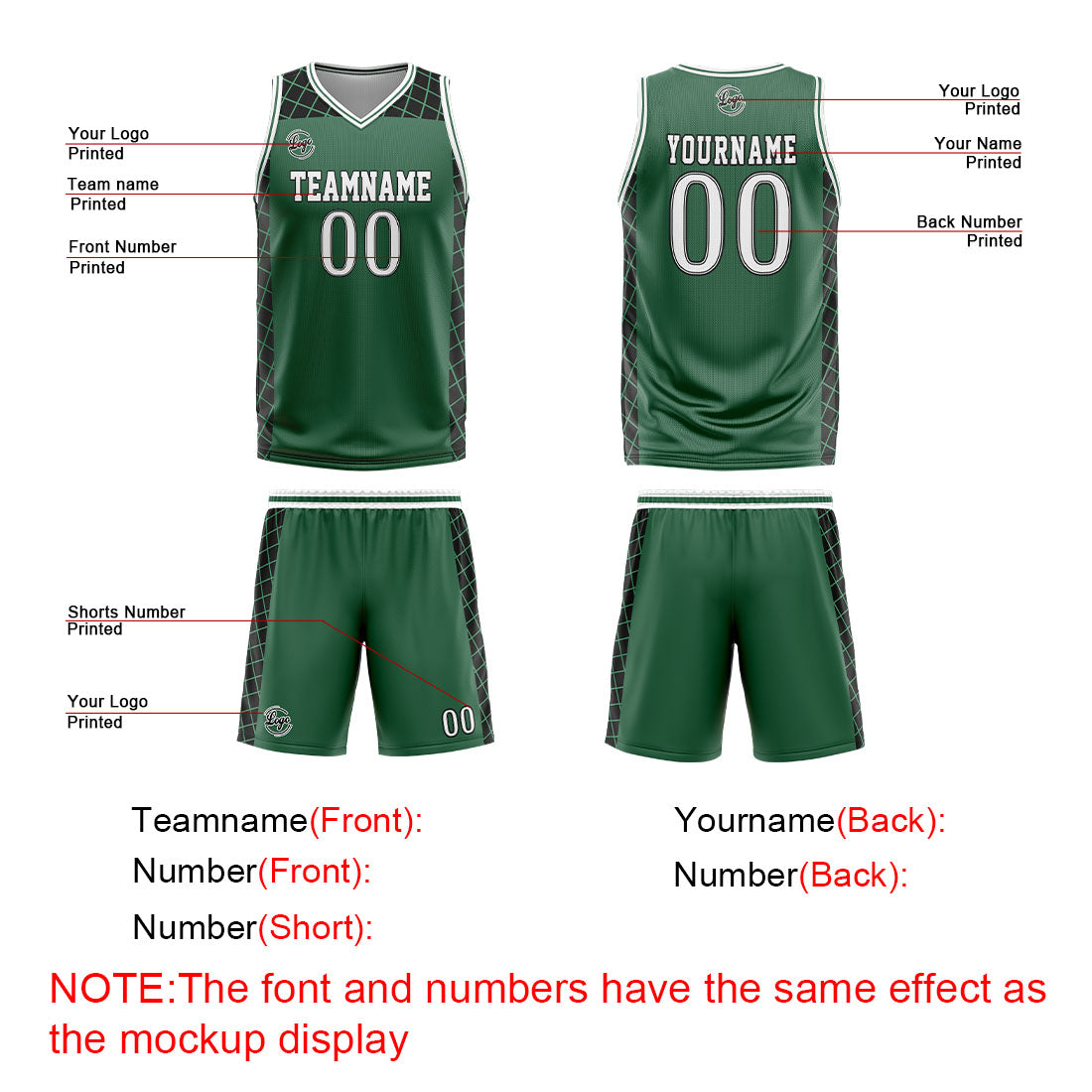 Uniforme de baloncesto personalizado verde y negro con tu logotipo-nombre y número impresos