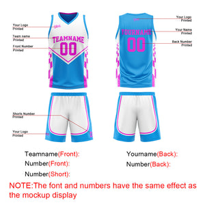 Traje de baloncesto reversible azul claro y rosa personalizado para adultos y niños