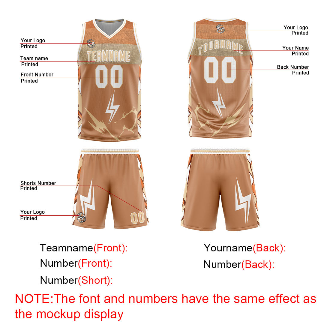 Uniforme de baloncesto personalizado en marrón y blanco con tu logotipo-nombre y número impresos