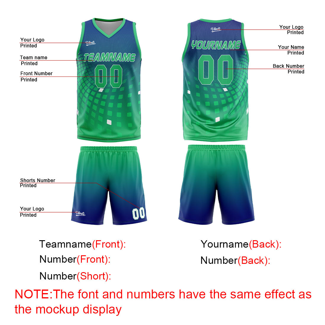 Uniforme de baloncesto personalizado de color verde marino con tu logotipo-nombre y número impresos