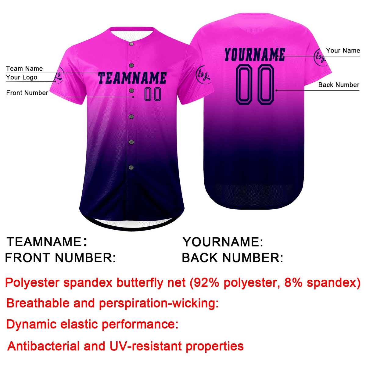 Camiseta de béisbol personalizada en color morado y azul marino con dise?o degradado uniformes de equipo personalizados con nombre y número