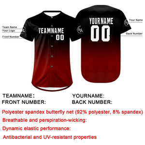 Camiseta de béisbol personalizada negra y roja con degradado uniformes de equipo con nombre y número