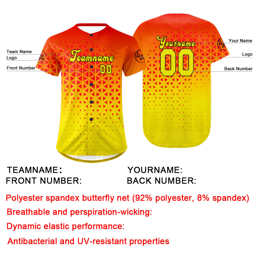 Camiseta de béisbol personalizada roja y amarilla con degradado uniformes de equipo con nombre y número