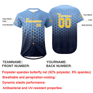 Camiseta de béisbol azul claro personalizada azul trueno uniformes de equipo con degradado personalizado nombre y número