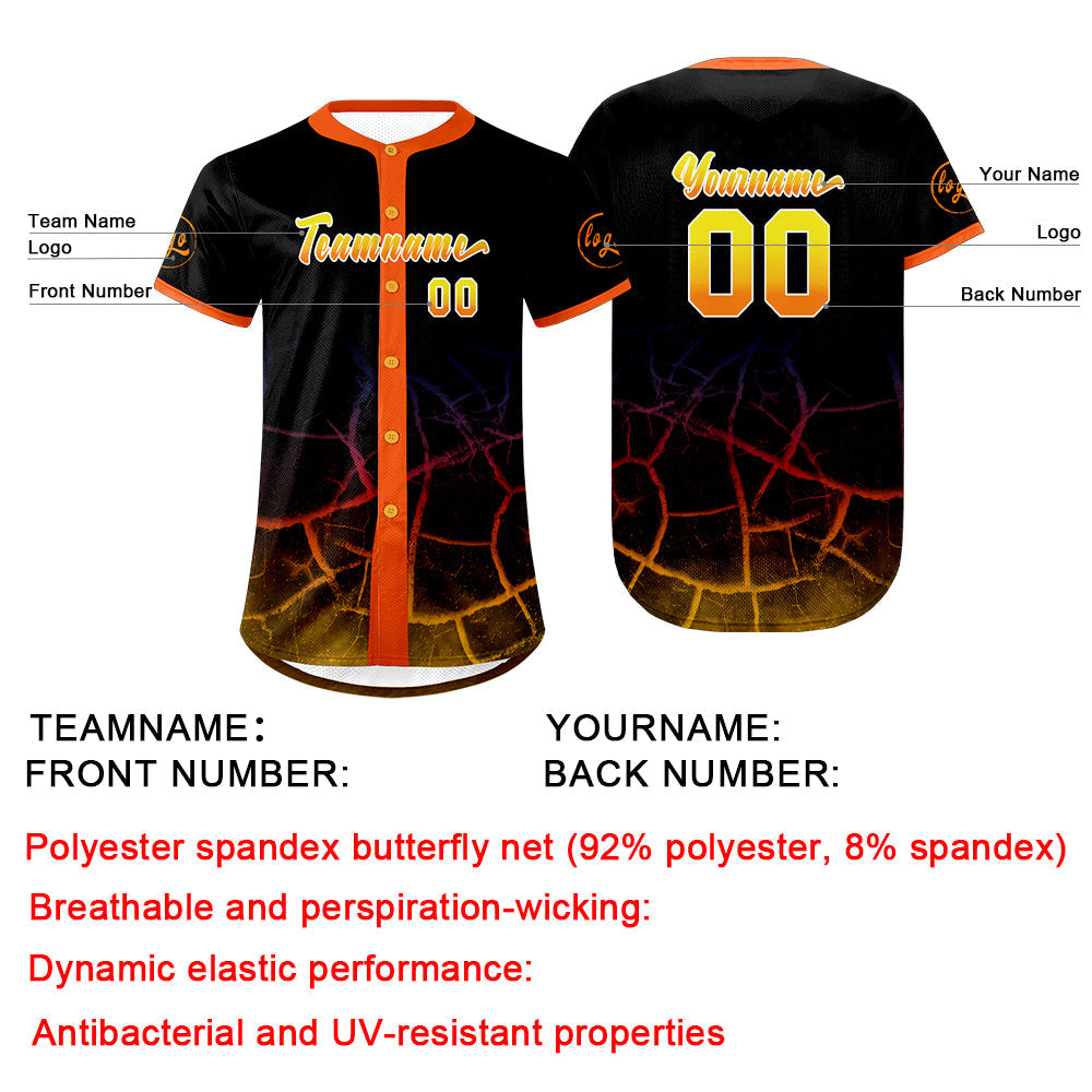 Camiseta de béisbol personalizada negra naranja y amarilla con degradado uniformes de equipo personalizados con nombre y número