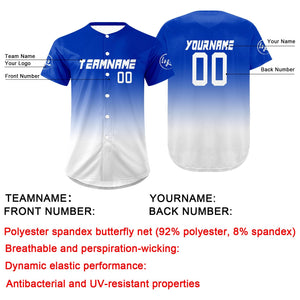 Camiseta de béisbol personalizada blanca y azul con degradado uniformes de equipo con nombre y número