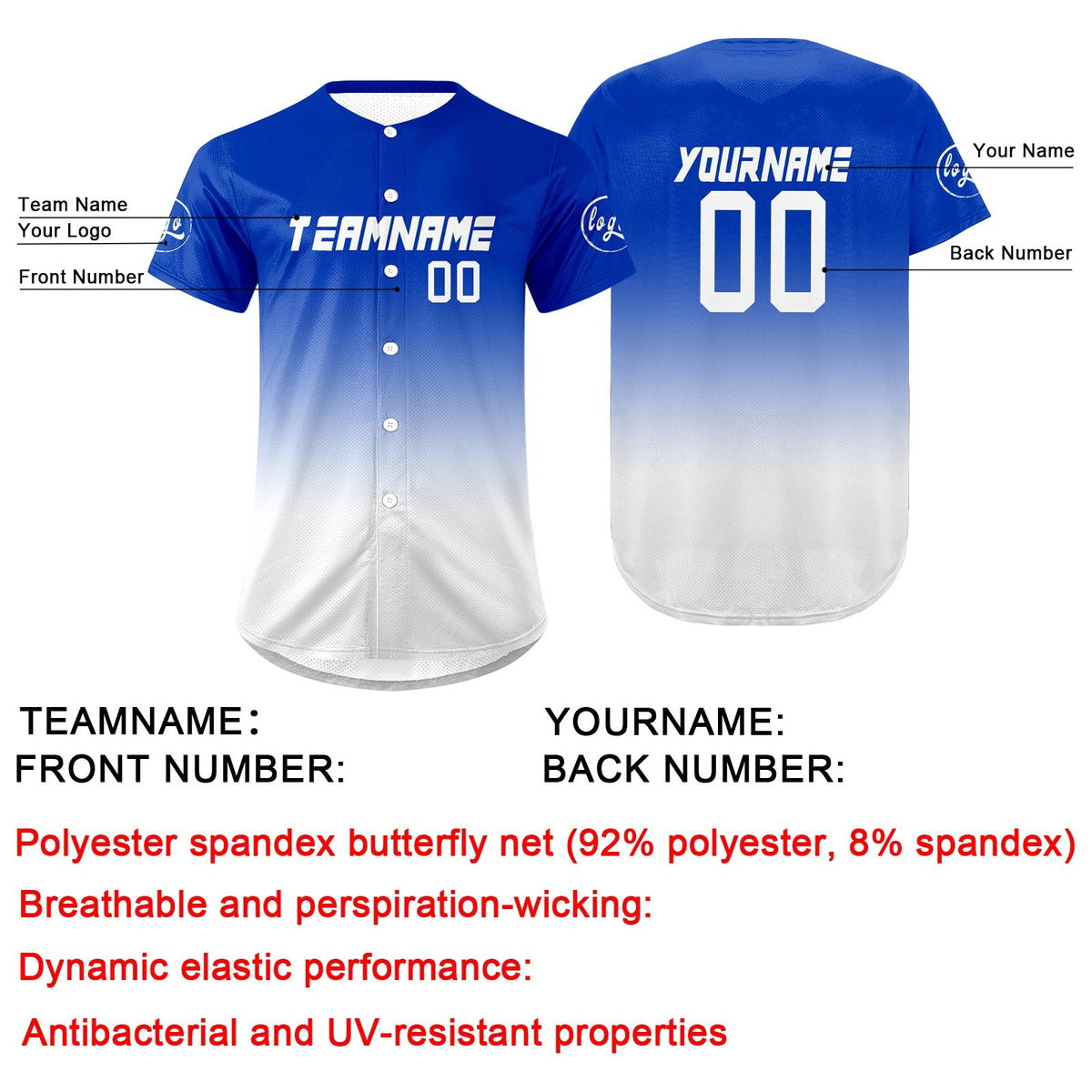 Camiseta de béisbol personalizada blanca y azul con degradado uniformes de equipo con nombre y número
