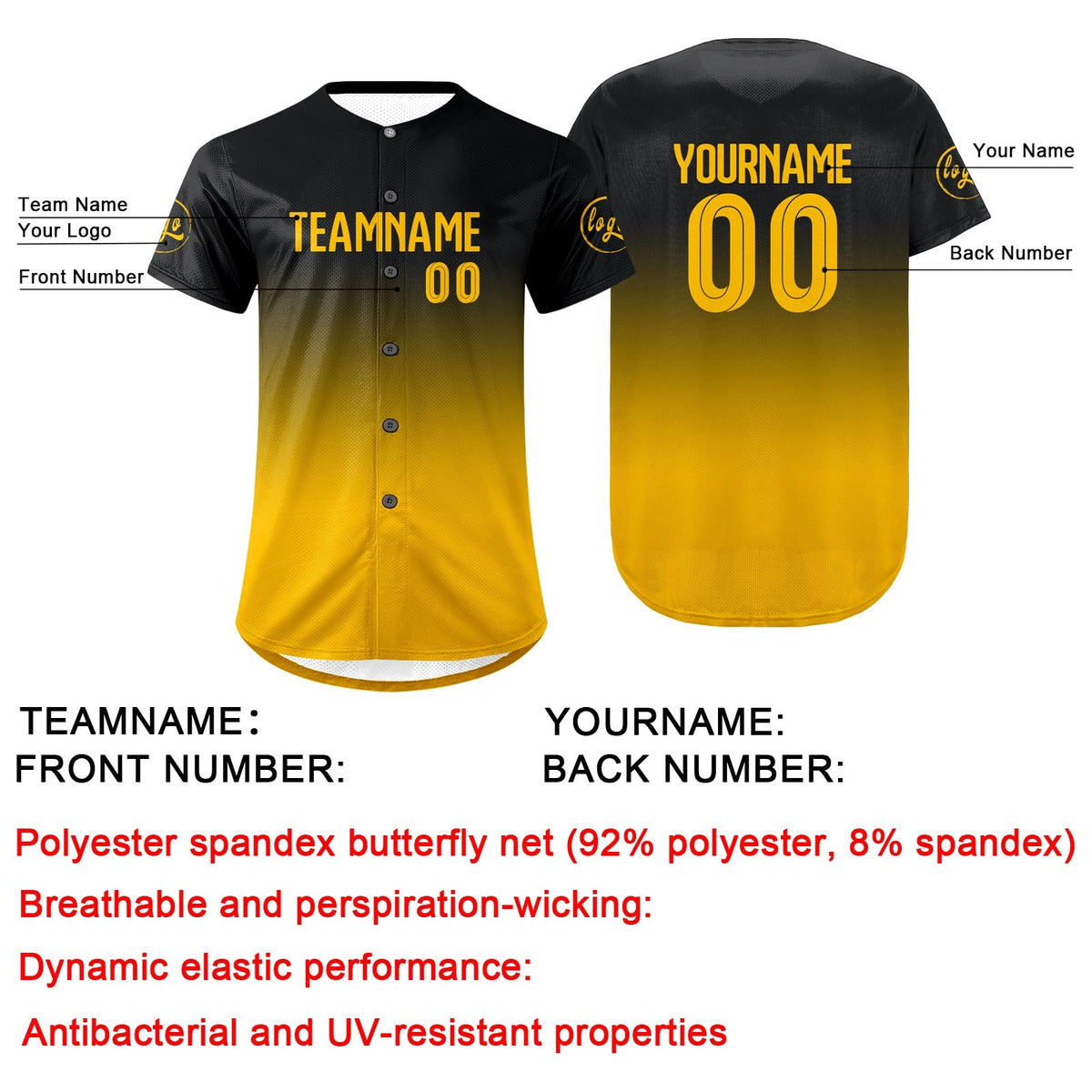 Camiseta de béisbol personalizada negra y amarilla con degradado uniformes de equipo con nombre y número
