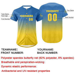 Camiseta de béisbol personalizada azul y amarilla con degradado uniformes de equipo con nombre y número