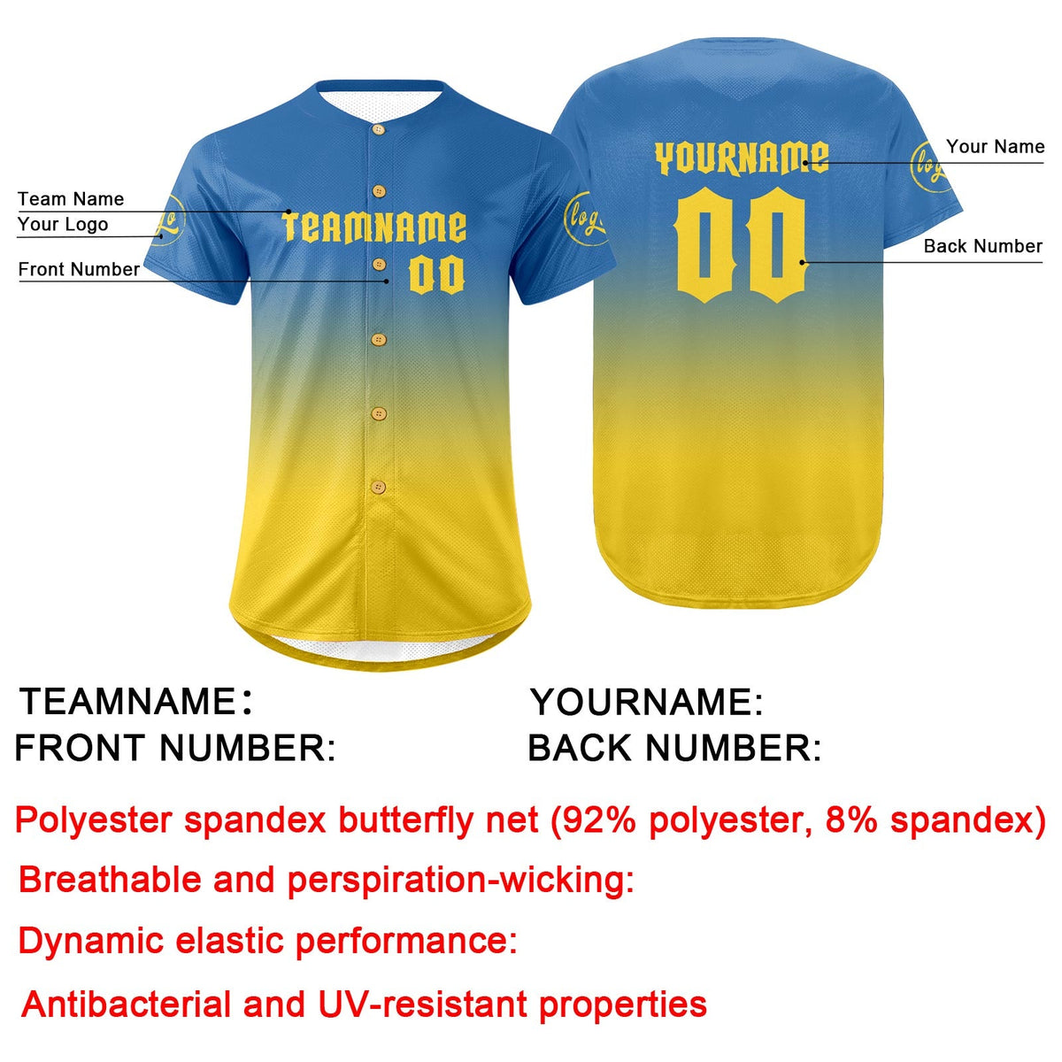 Camiseta de béisbol personalizada azul y amarilla con degradado uniformes de equipo con nombre y número