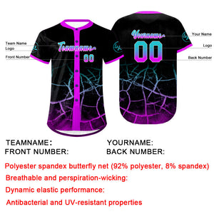 Camiseta de béisbol personalizada negra morada brillante y azul lagos uniformes de equipo con degradado personalizado nombre y número