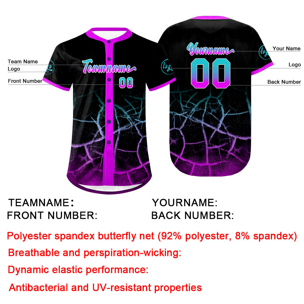 Camiseta de béisbol personalizada negra morada brillante y azul lagos uniformes de equipo con degradado personalizado nombre y número