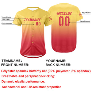 Camiseta de béisbol personalizada amarilla y roja con degradado uniformes de equipo personalizados con nombre y número