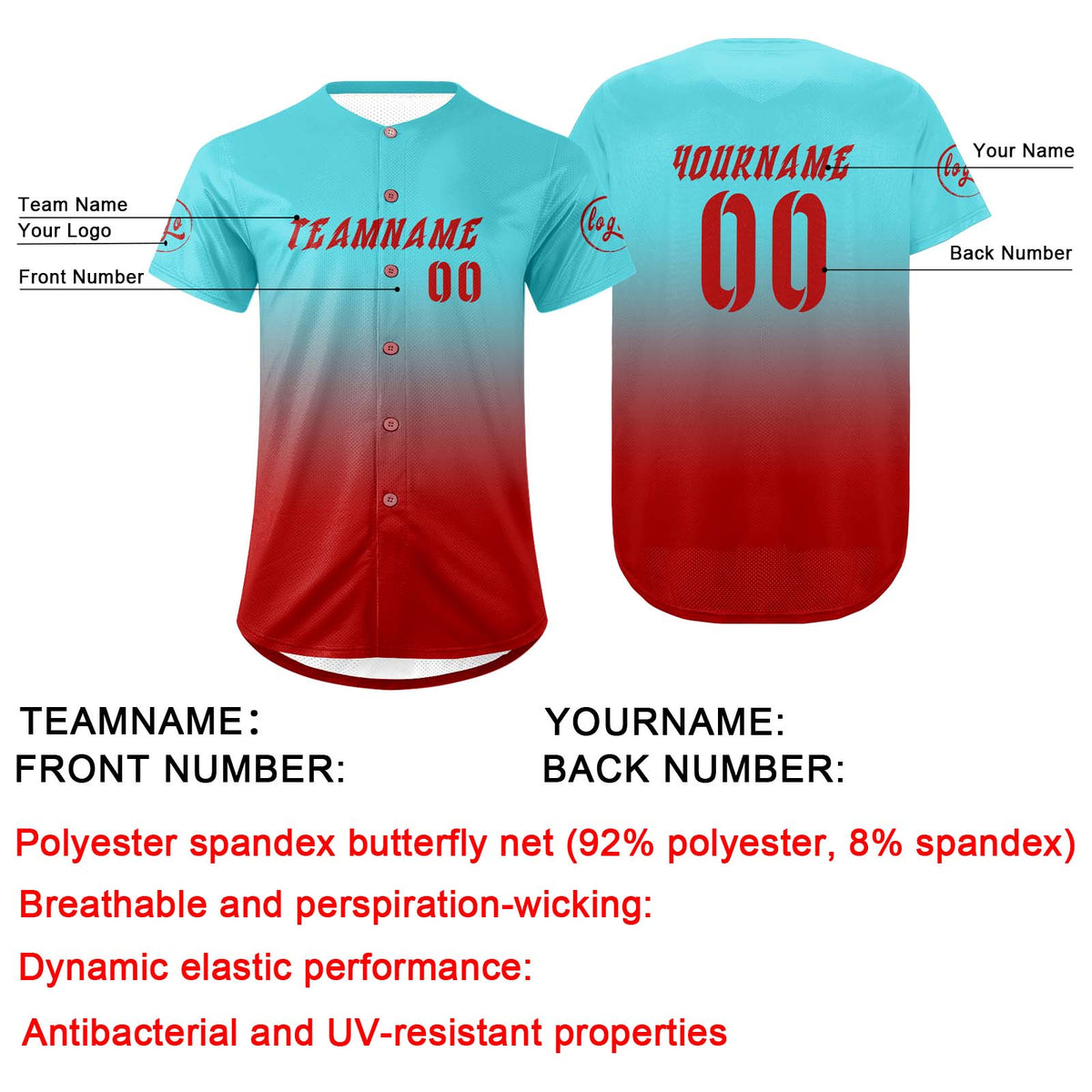 Camiseta de béisbol personalizada azul y roja con degradado uniformes de equipo con nombre y número