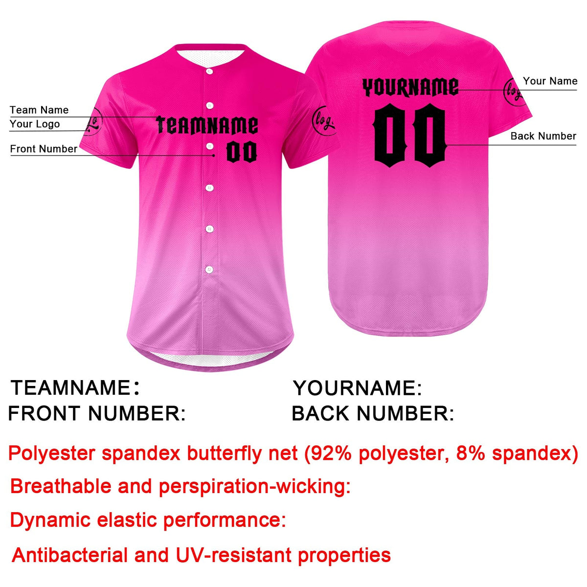 Camiseta de béisbol rosa fucsia personalizada con dise?o degradado uniformes de equipo con nombre y número