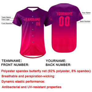 Camiseta de béisbol personalizada color morado fucsia con degradado uniformes de equipo personalizados con nombre y número