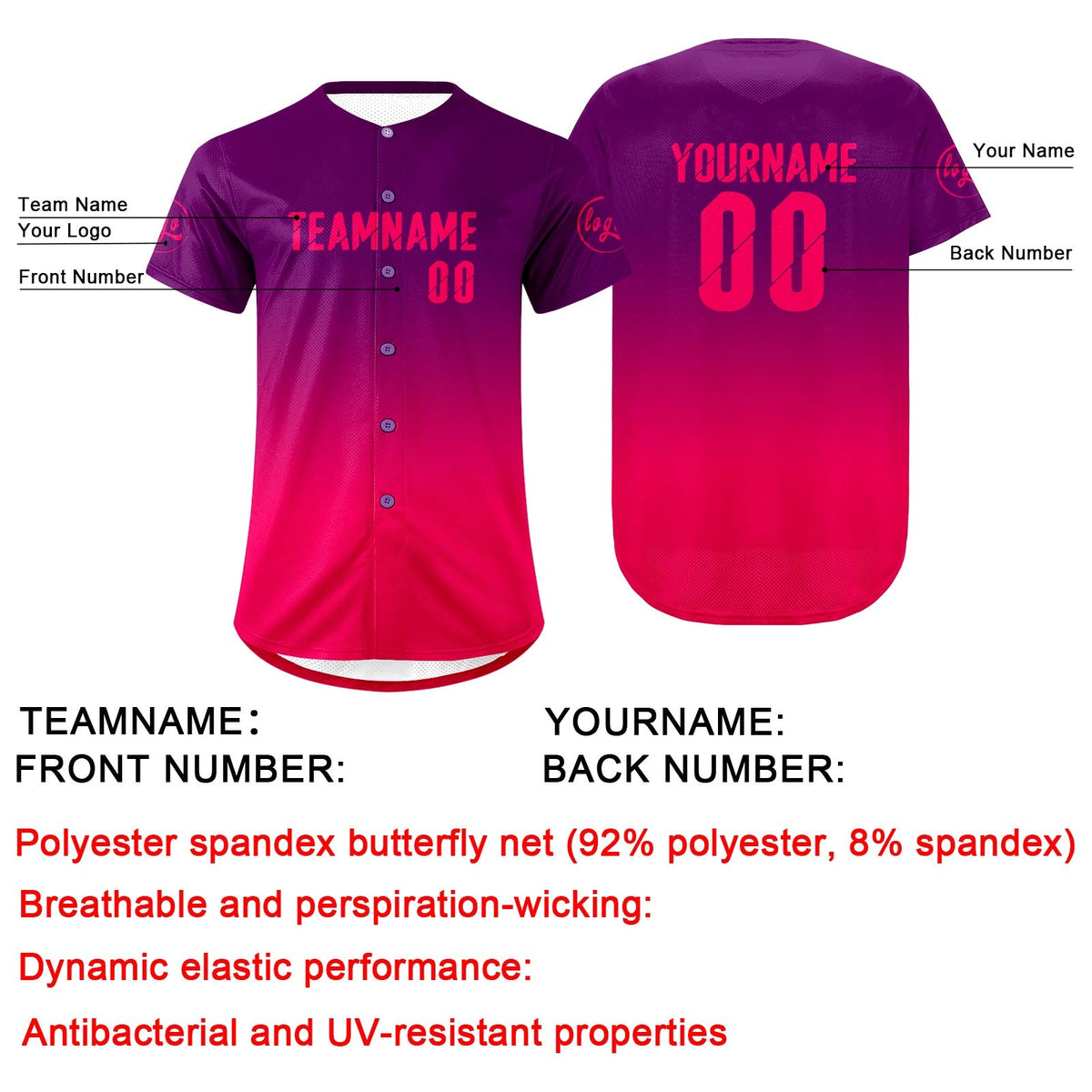 Camiseta de béisbol personalizada color morado fucsia con degradado uniformes de equipo personalizados con nombre y número