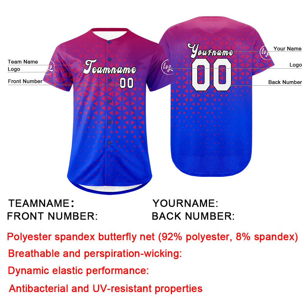 Camiseta de béisbol personalizada roja y azul con degradado uniformes de equipo con nombre y número