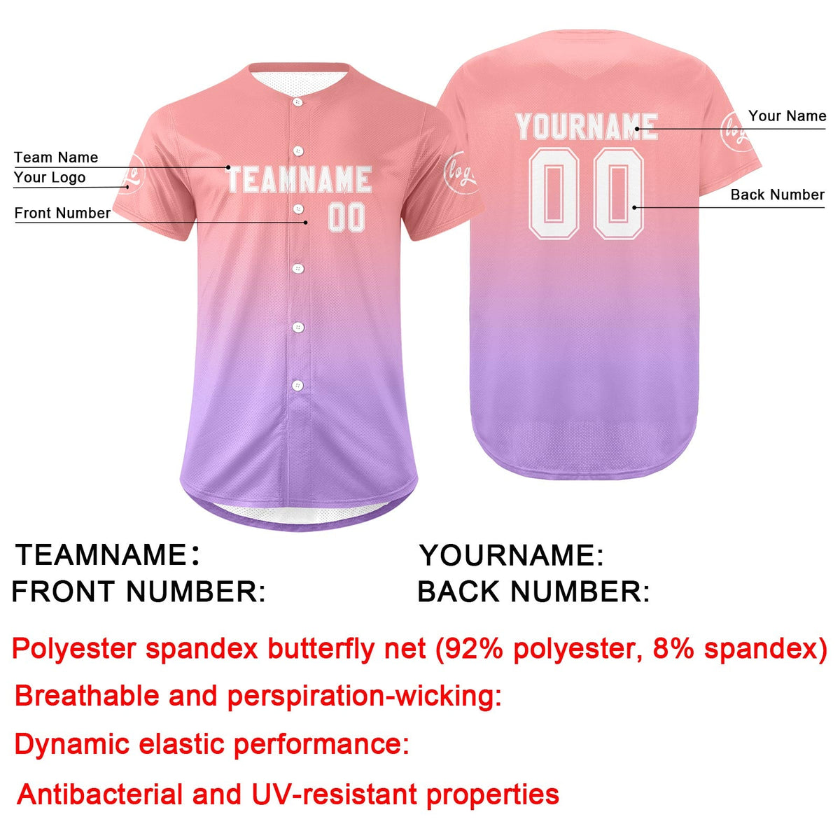 Camiseta de béisbol personalizada rosa claro-morada con degradado uniformes de equipo personalizados con nombre y número