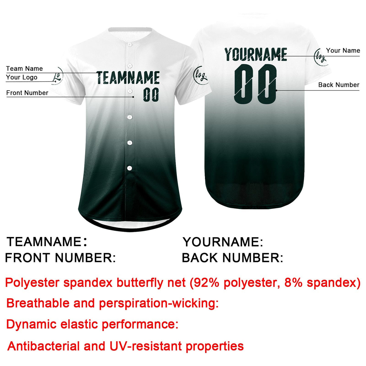 Camiseta de béisbol personalizada blanca y verde oscuro con degradado uniformes de equipo personalizados con nombre y número