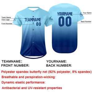 Camiseta de béisbol azul claro personalizada con degradado uniformes de equipo con nombre y número