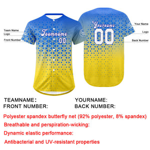 Camiseta de béisbol personalizada azul y amarilla con degradado uniformes de equipo con nombre y número