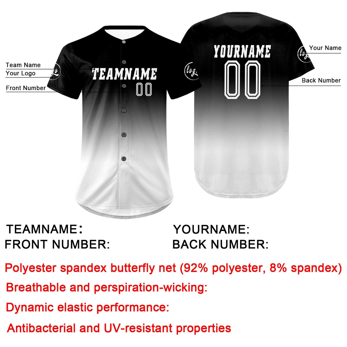 Camiseta de béisbol personalizada en blanco y negro con degradado uniformes de equipo con nombre y número