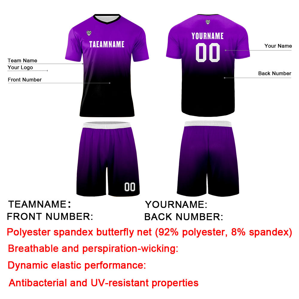 Conjunto personalizado de camiseta de uniforme morado y negro para niños y adultos