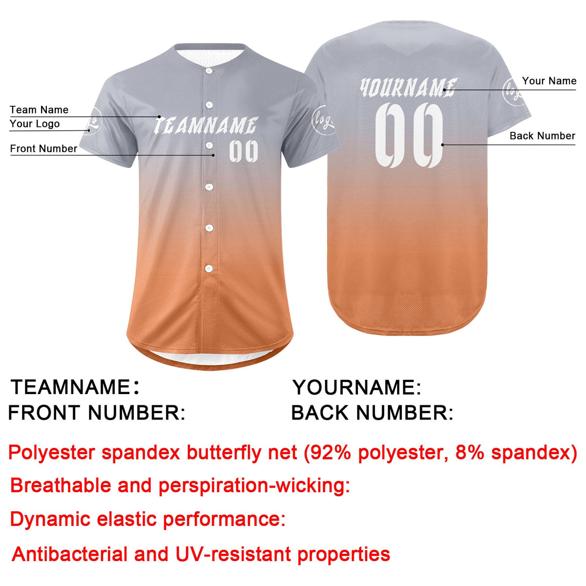 Camiseta de béisbol personalizada gris claro y naranja claro con degradado uniformes de equipo personalizados con nombre y número