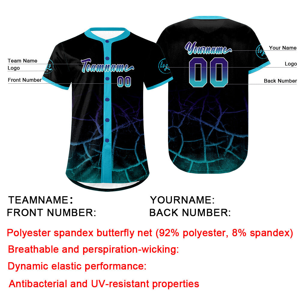 Camiseta de béisbol personalizada negra azul cielo y morada con degradado uniformes de equipo personalizados con nombre y número