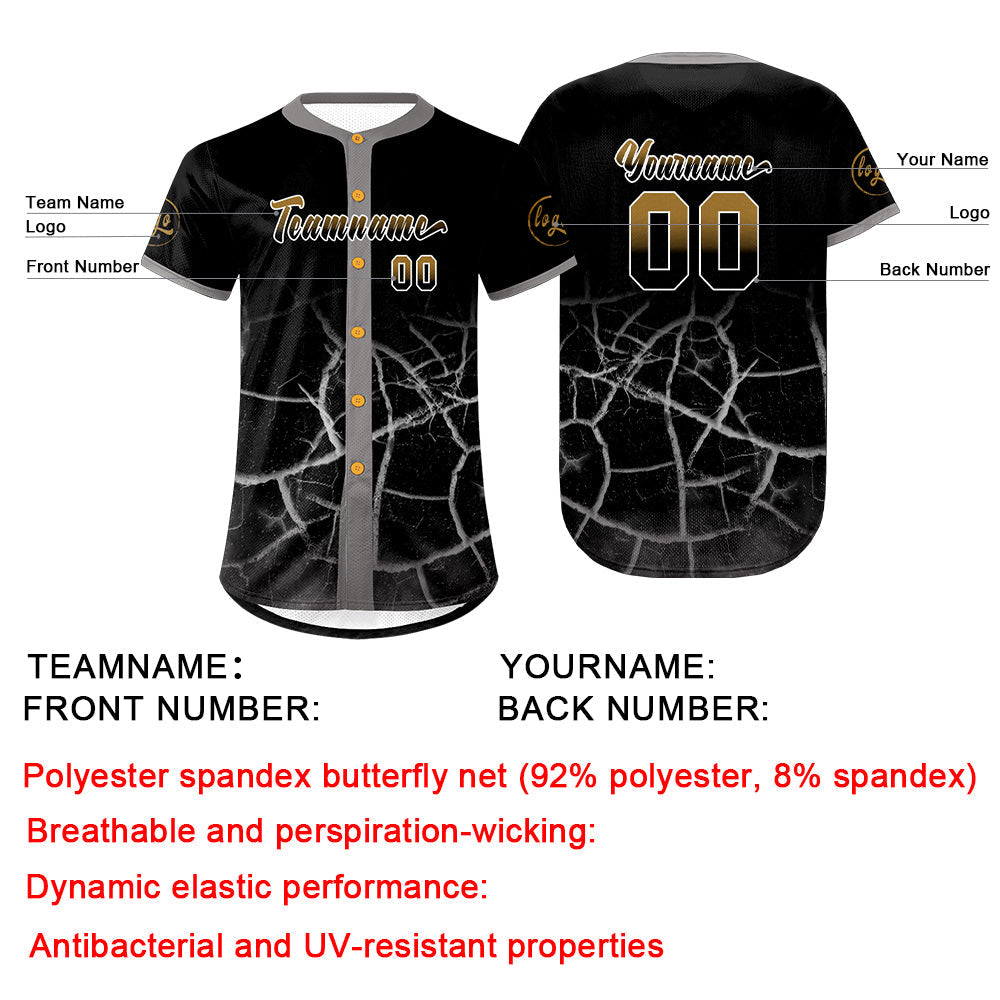 Camiseta de béisbol personalizada negra y dorada antigua con dise?o degradado uniformes de equipo con nombre y número