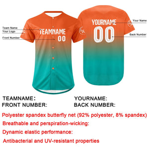 Camiseta de béisbol personalizada naranja y cian con degradado uniformes de equipo personalizados con nombre y número