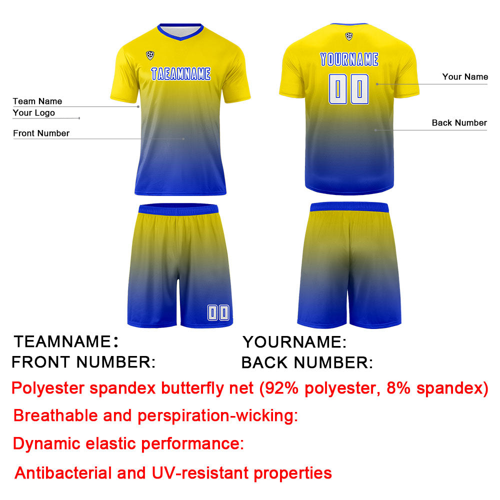Conjunto personalizado de camiseta y uniforme amarillo y azul para niños y adultos