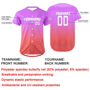 Camiseta de béisbol personalizada en color morado y rosa con degradado uniformes de equipo personalizados con nombre y número