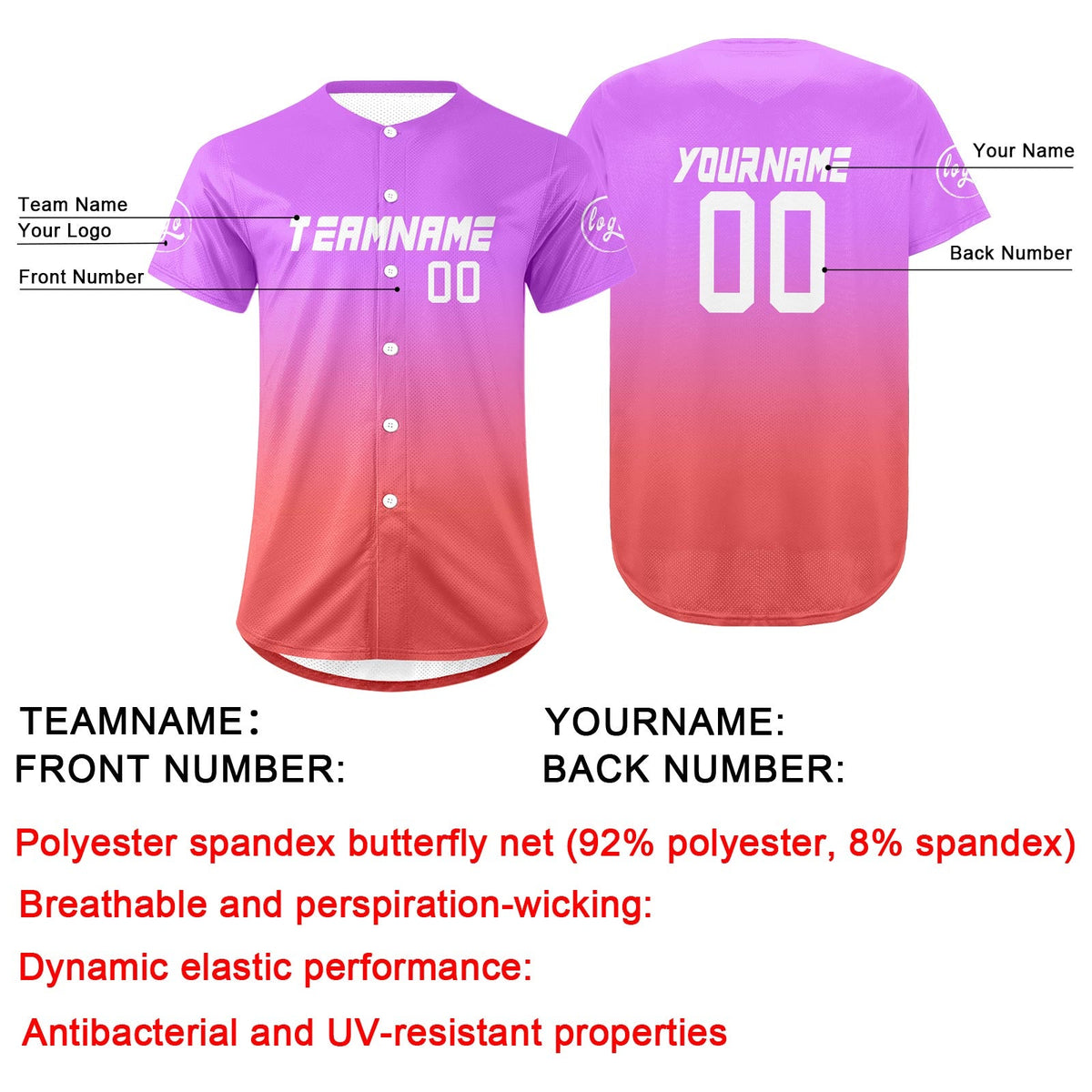 Camiseta de béisbol personalizada en color morado y rosa con degradado uniformes de equipo personalizados con nombre y número