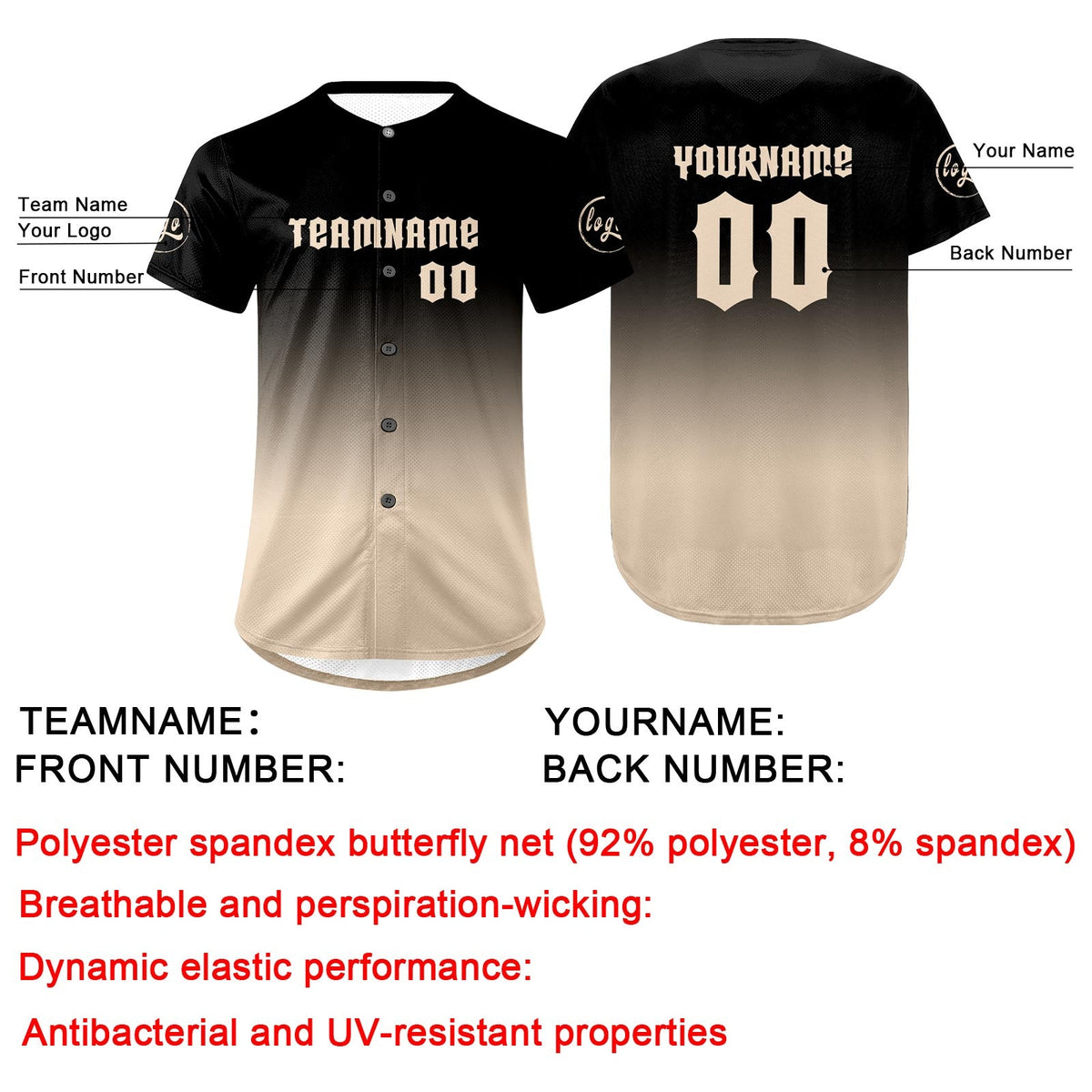 Camiseta de béisbol personalizada negra y beige con degradado uniformes de equipo con nombre y número