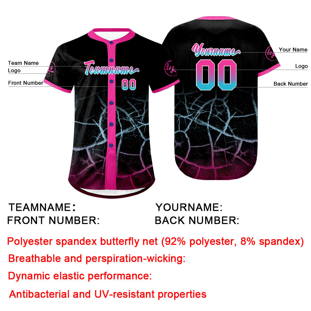 Camiseta de béisbol personalizada negra rosa y azul con dise?o degradado uniformes de equipo con nombre y número