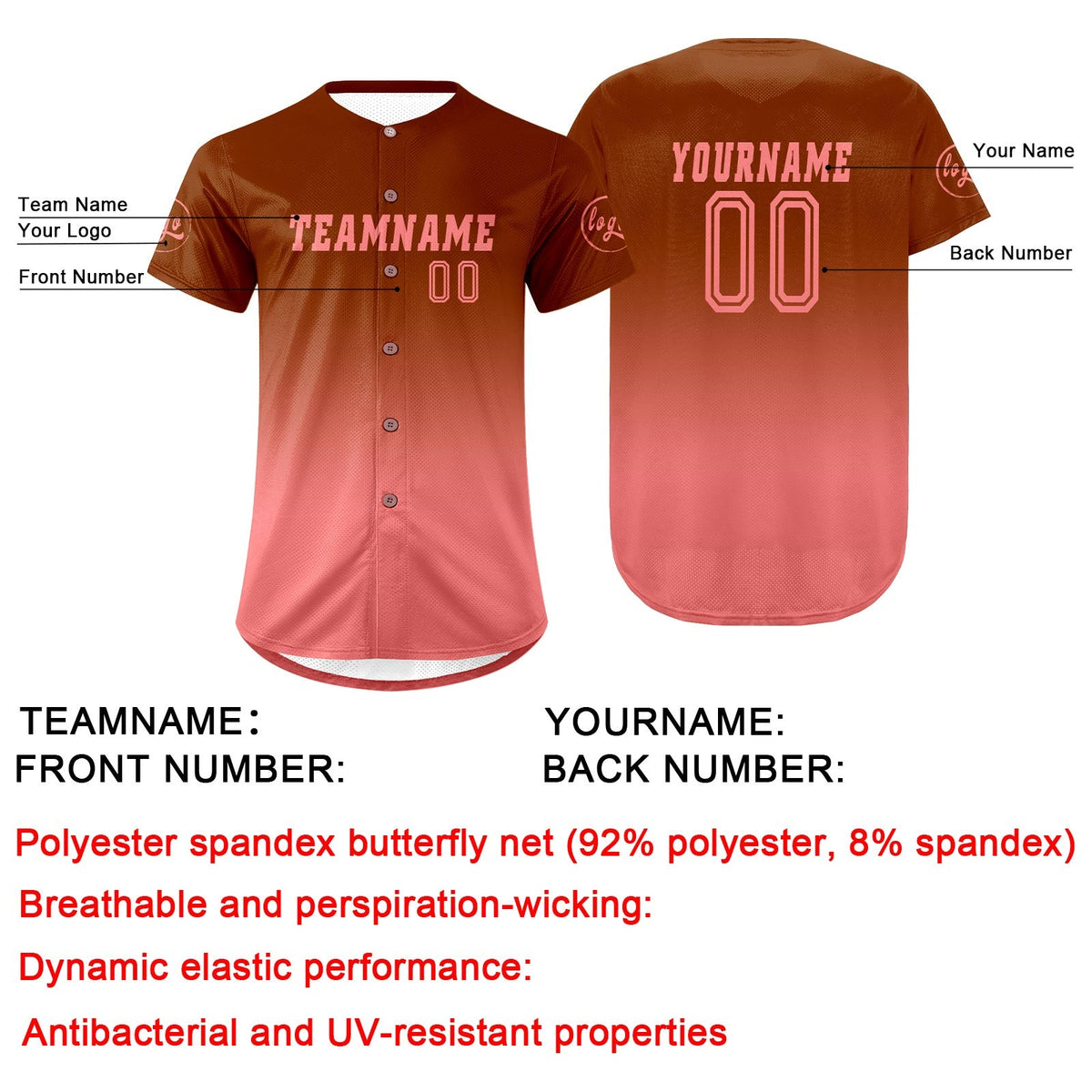 Camiseta de béisbol personalizada en tonos marrón y rosa con degradado uniformes de equipo personalizados con nombre y número