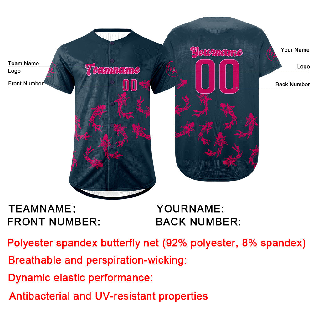 Camiseta de béisbol personalizada azul oscuro y rosa brillante con degradado uniformes de equipo personalizados con nombre y número