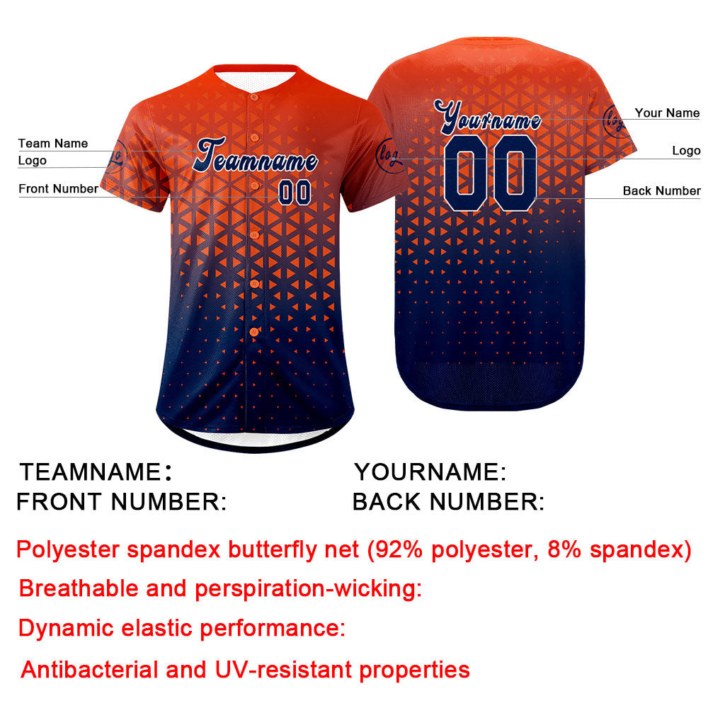 Camiseta de béisbol personalizada naranja y azul marino con dise?o degradado uniformes de equipo con nombre y número