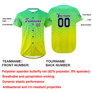 Camiseta de béisbol personalizada verde y amarilla con degradado uniformes de equipo con nombre y número